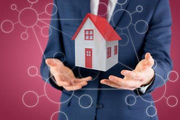 Poster - Composite image of midsection of businessman with arms out 3d