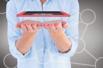 Poster - Composite image of womans hands presenting 3d