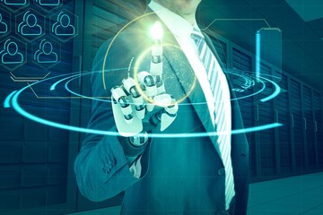 Poster - Composite image of composite of businessman with robotic hand 3d