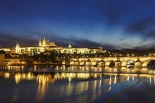 Nightscape Of Prague,  Charles Bridge Towards Hradcany Castle And St. Vitus Cathedral, Czech Republic