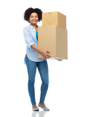 Canvas Print - happy african young woman with parcel boxes