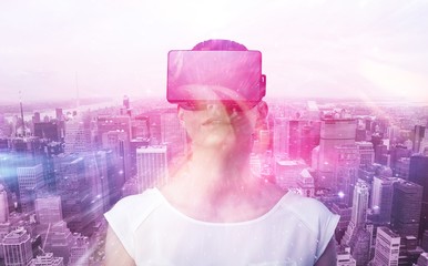 Poster - composite image of serious woman using virtual reality simulator