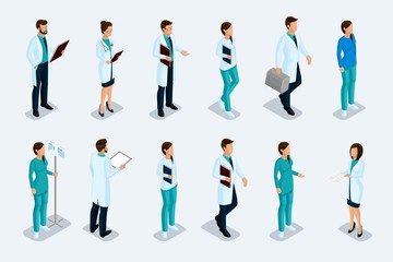 Poster - Set of isometric medical professionals, doctor, surgeon, nurse. The hospital staff on a light background. Vector illustration