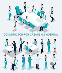 Poster - Business people isometric set to create his illustrations consultation in the hospital, doctors, nurses, surgeons 3D medical staff isolated on a light background