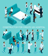 Poster - Business people isometric set to create his illustrations, hospitals, doctors, patients, reception, Nurse 3D medical staff isolated on a blue background