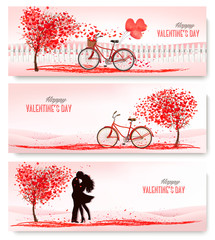 Poster - Holiday retro banners. Valentine trees with heart-shaped leaves.