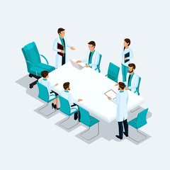 Poster - Set Isometric health care providers, surgeons, nurse, doctor at a consultation, discussion, brainstorming isolated on a light background