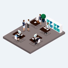 Poster - Isometric room multistoried office, office workers 3D business men and women, furniture isolated. Vector illustration