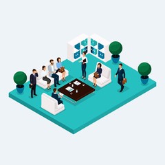 Poster - Isometric room multistoried office workers 3D business men and women in the hall to discuss isolated planning. Vector illustration