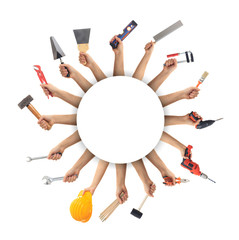 Wall Mural - Hands holding tools on white background