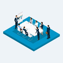 Poster - Isometric room high-rise office, meeting negotiations, brainstorming, office workers 3D business men and women, office furniture. Vector illustration