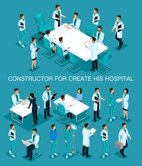Poster - Business people isometric set to create his illustrations consultation in the hospital, doctors, nurses, surgeons 3D medical staff isolated on a blue background