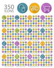 Poster - Set of 350 Universal Flat Minimalistic Elegant Standard Thin Line Icons on Circular Colored Buttons on White Background