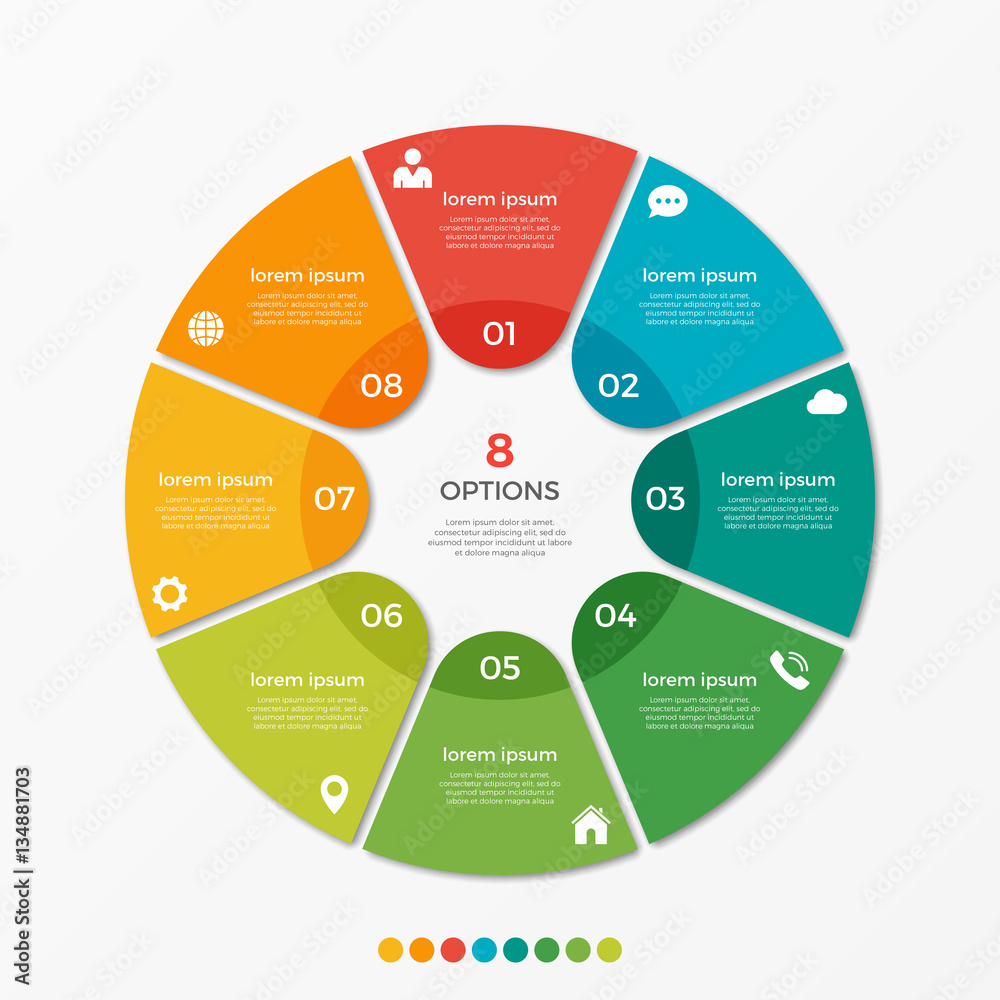 Circle chart infographic template with 8 options for presentations ...