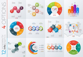 Collection of 12 vector templates for infographics with 4 options for presentations, advertising, layouts, annual reports