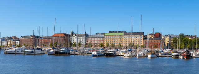 Wall Mural - Scenic summer view of the Old Port pier architecture with ships, yachts and other boats in the Old Town of Helsinki, Finland