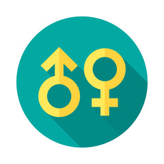 Gender symbol icon with long shadow. Flat design style. Round icon. Sex symbol silhouette. Simple circle yellow icon. Modern flat icon in stylish colors. Web site page and mobile app design element.