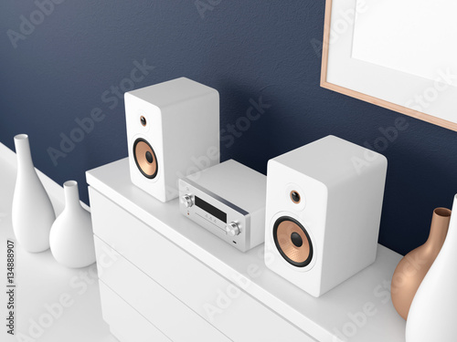 Fotografía Micro Hi Fi stereo system Mockup on bureau in modern interior, Network receiver,