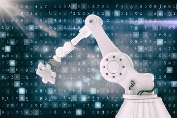 Poster - Composite image of modern machine holding jigsaw puzzle 3d