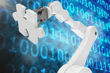 Poster - Digital composite image of robot with jigsaw piece 3d