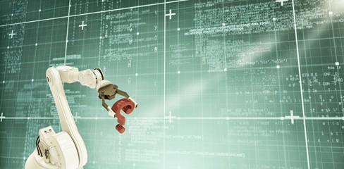 Poster - Composite image of robotic arm with red question mark 3d