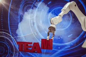 Poster - Composite image of image of robotic arm arranging team text 3d
