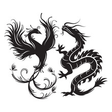  Silhouette Of Phoenix Bird And Dragon. Symbol Of Balance. Dragon That In Such A Combination Would Be A Symbol Of Masculine Yang Energy, While Phoenix - Embody The Feminine Energy.