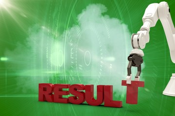 Poster - Composite image of image of robotic arm arranging result text 3d