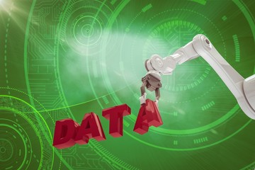 Poster - Composite image of robotic arm arranging data text 3d
