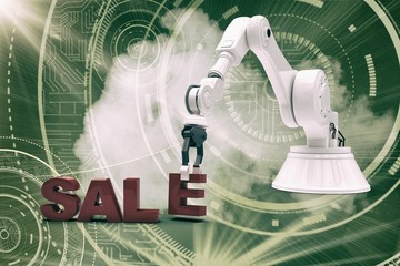 Poster - Composite image of image of robotic arm arranging sale text 3d