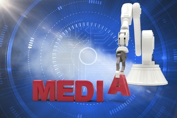 Poster - Composite image of image of robotic arm arranging media text 3d