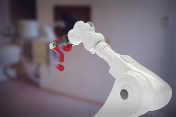Poster - Composite image of white robotic arm holding question mark 3d