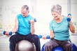 © vectorfusionart - Smiling senior couple holding dumbbells while exercising