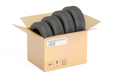Poster - opened cardboard box with tires, 3d rendering