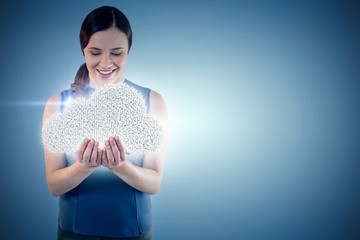 Poster - Composite image of happy beautiful woman with hands cupped 3d