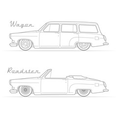 Two isolated lowrider retro cars in silhouette line style with sample text. Wagon and cabrio. Typical lowered vintage vehicle. Custom car vector stock image.