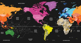 Fototapeta Mapy - world political map colored by continents on black background and centered by America