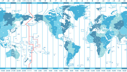 vector world map of local time zones centered by America