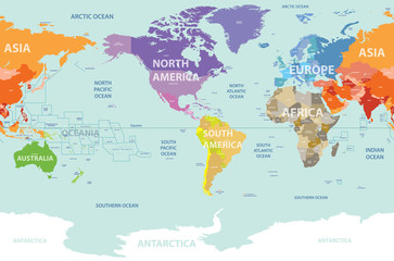 Wall Mural - world map colored by continents and centered by america