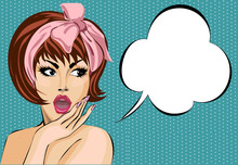 Pop Art Comic Style Surprised Woman With Speech Bubble, Pin Up Girl Portrait, Vector