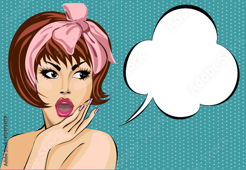 Zdjęcie XXL Pop-artu komiks stylu zaskoczony kobieta z dymek, pin up girl portret, wektor