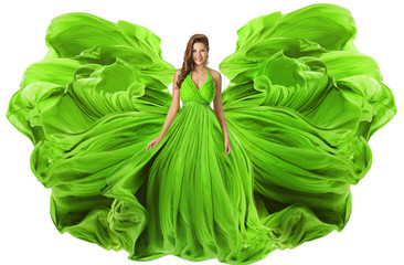 Wall Mural - Fashion Model Waving Dress as Wings, Woman in Green Gown Flowing Fabric, Girl in Flying Cloth Isolated over White