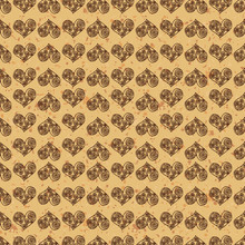Seamless Pattern Background. Brown Hearts On A Gold Ground. Fondness Wallpaper. Symbol Of Love In Greek Style