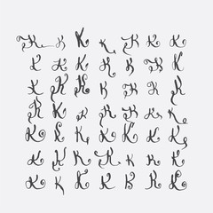 Fototapete - Vector set of calligraphic letters K, handwritten with pointed nib, decorated with flourishes and decorative elements. Isolated on grey black imperfect letters sequence. Various shapes collection.