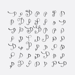 Fototapete - Vector set of calligraphic letters P, handwritten with pointed nib, decorated with flourishes and decorative elements. Isolated on grey black imperfect letters sequence. Various shapes collection.