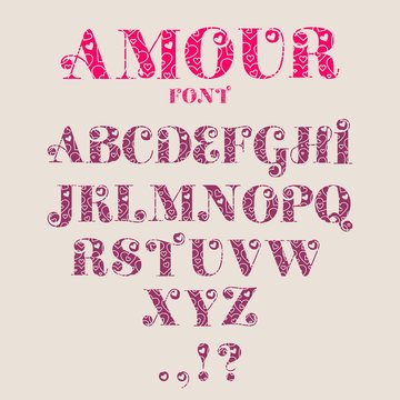 Decorative alphabet vector font. Letters symbols with outline hearts icons. Typography for headlines, posters, logos etc. Relative for Valentines Day congratulations
