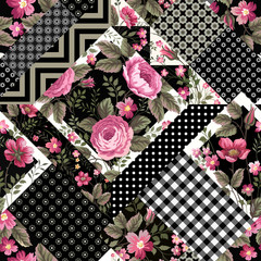 Wall Mural - seamless floral patchwork pattern with pink roses and geometric