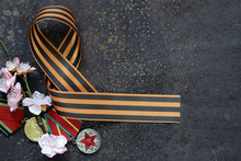 Victory Day Ribbon And Spring Flowers Holiday Symbols