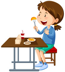 Wall Mural - Girl eating at the canteen dining table