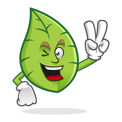 Wall Mural - Peace leaf mascot, victory leaves character, vector leaf cartoon